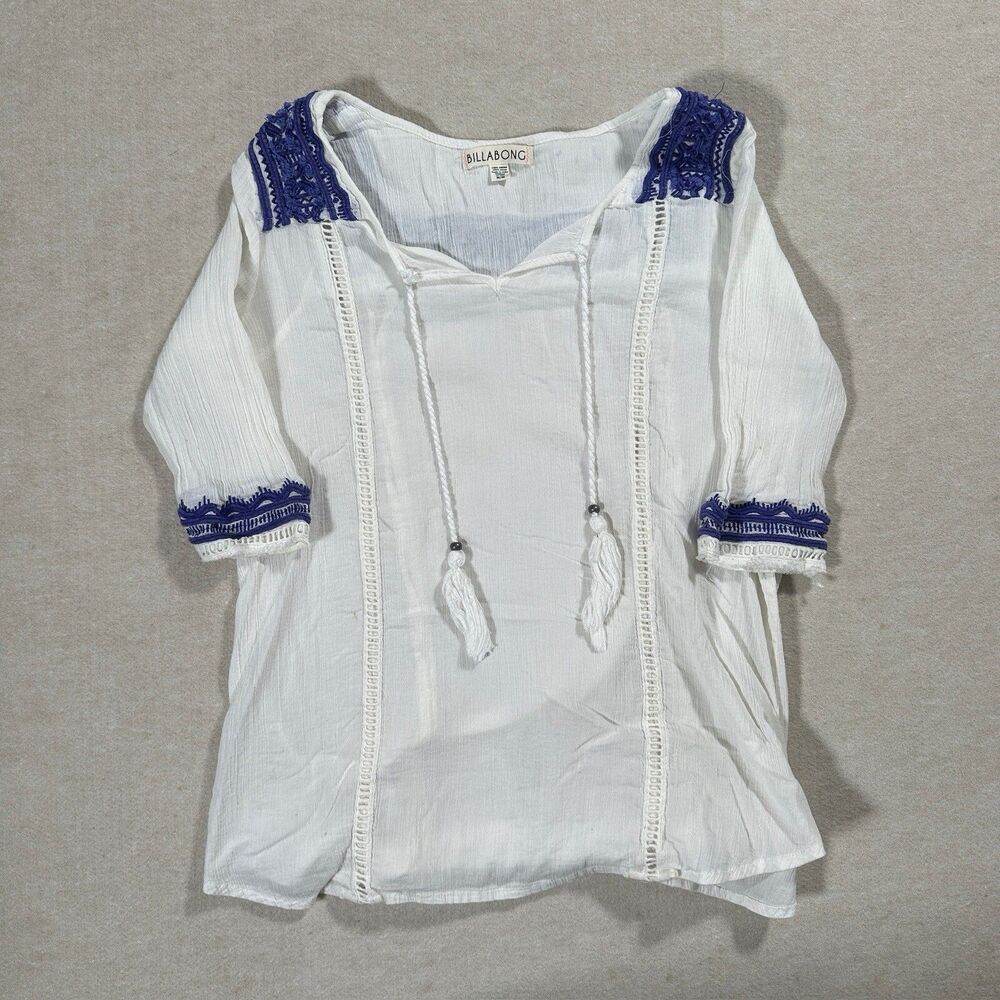 Billabong White And Blue 100% Cotton Grecian Boho Flowy Top Blouse Mama Mia